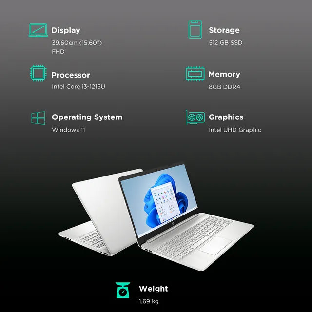 HP 15s-fr5009TU Intel Core i3 12th Gen Laptop (8GB, 512GB SSD, Windows 11 Home, 15.6 inch FHD Display, MS Office 2021, Natural Silver, 1.69 KG)